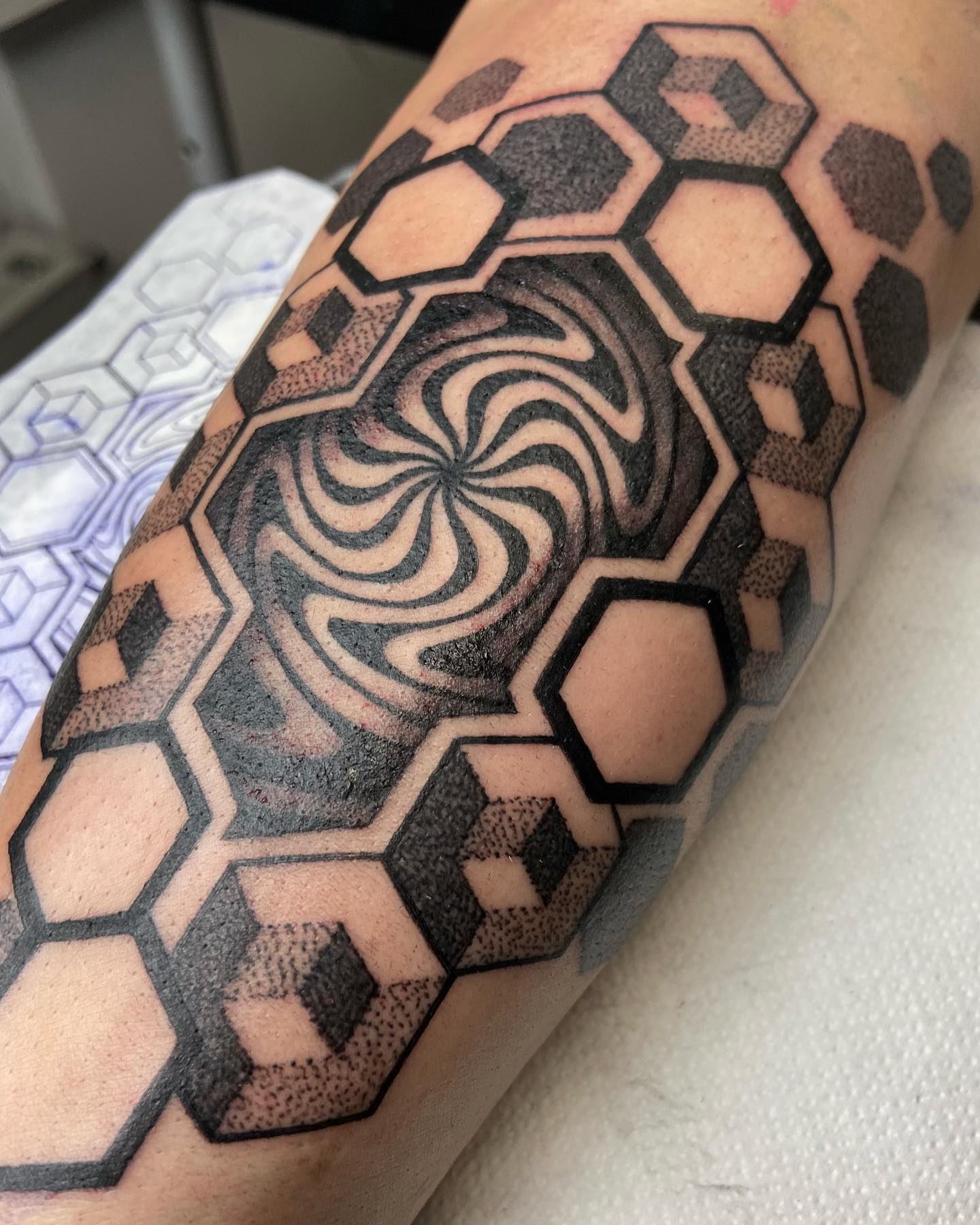 Honeycombs on the ditch I ABSOLUTELY love doing these types of tattoos  Bring me all your dot work I included a close up shot of the  Instagram