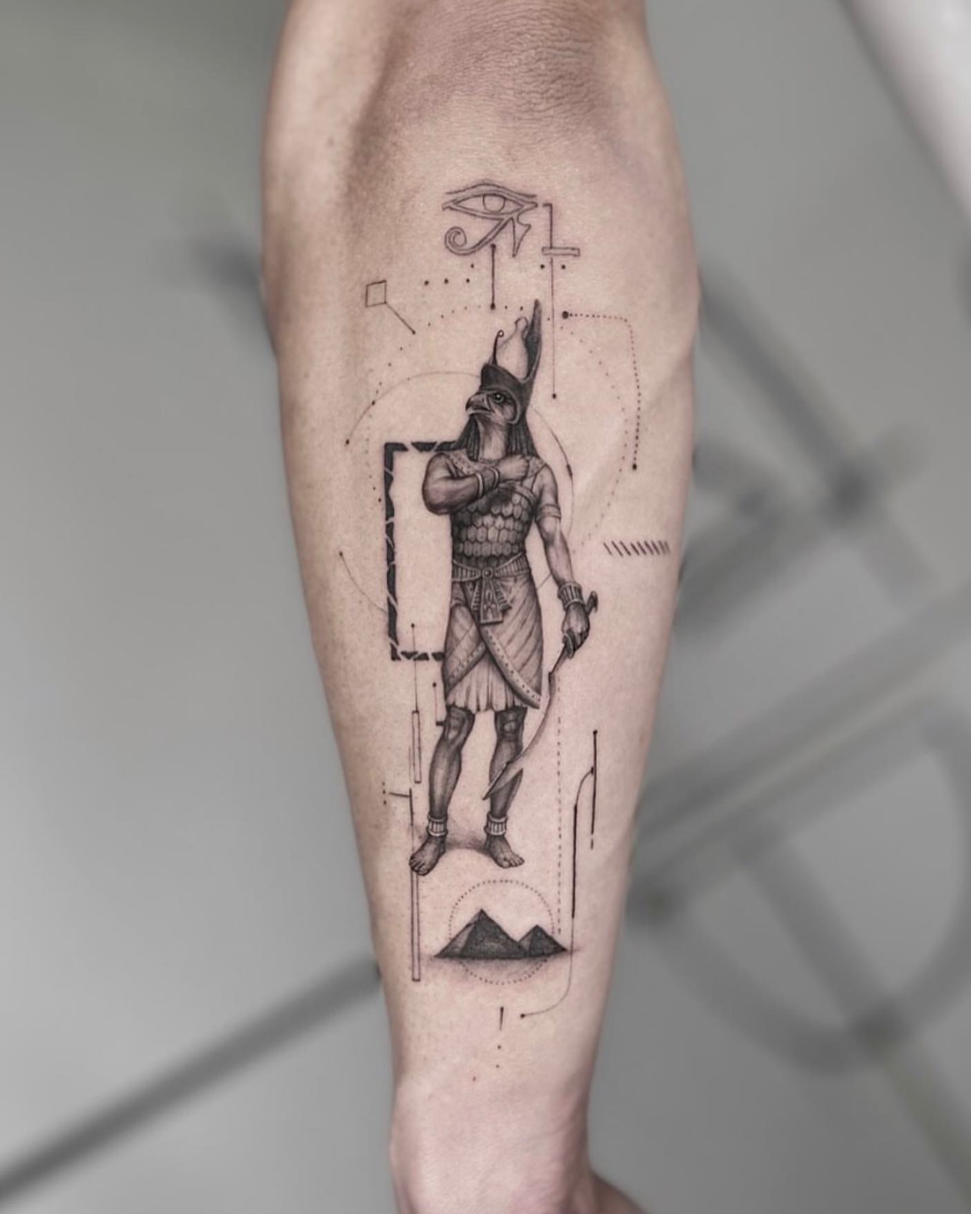 Horus is a deity that is depicted by a falcon-headed man. Go for this mythological tattoo.