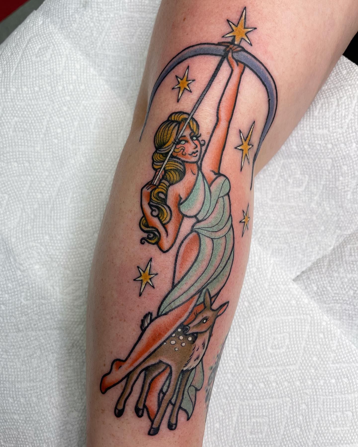 A daughter of Zeus and a favourite goddess, Artemis, is a nice tattoo idea to get.