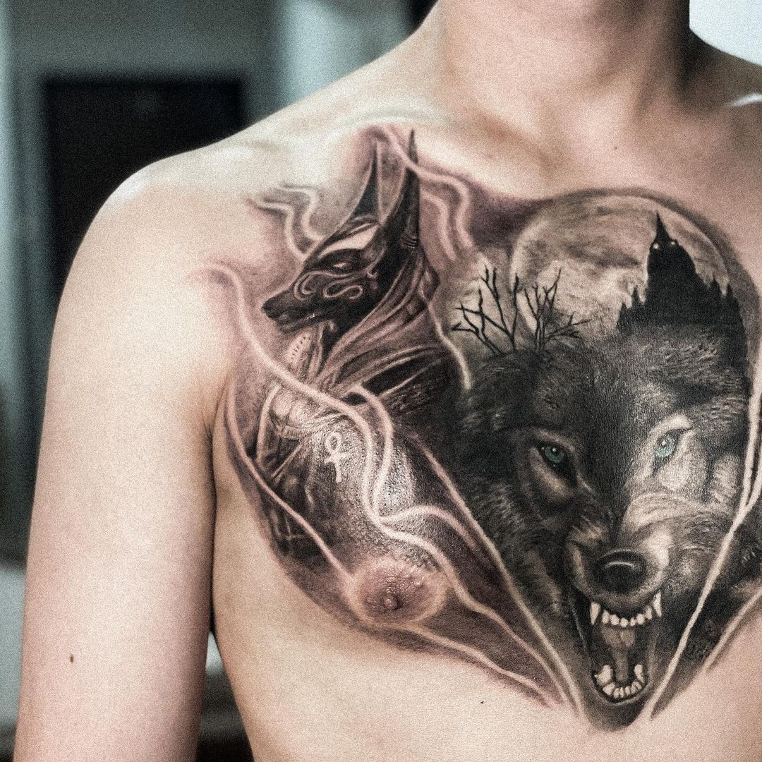 Combine your Anubis with a wolf for once amazing tattoo.