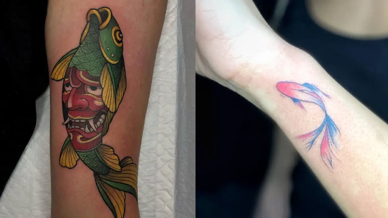 Tiny koi fish tattoos on the inner wrist.