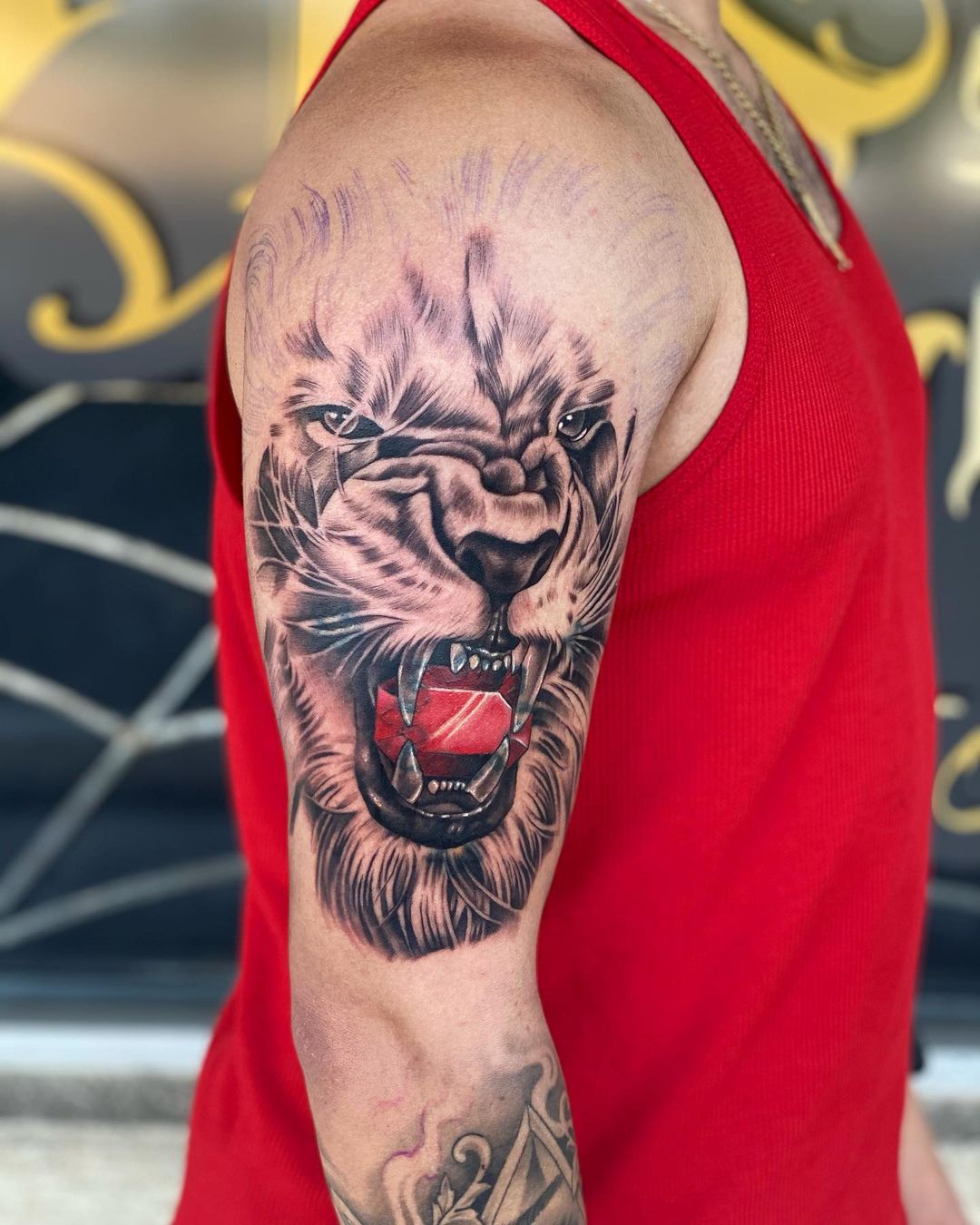 Angry Lion Tattoo On Chest For Men