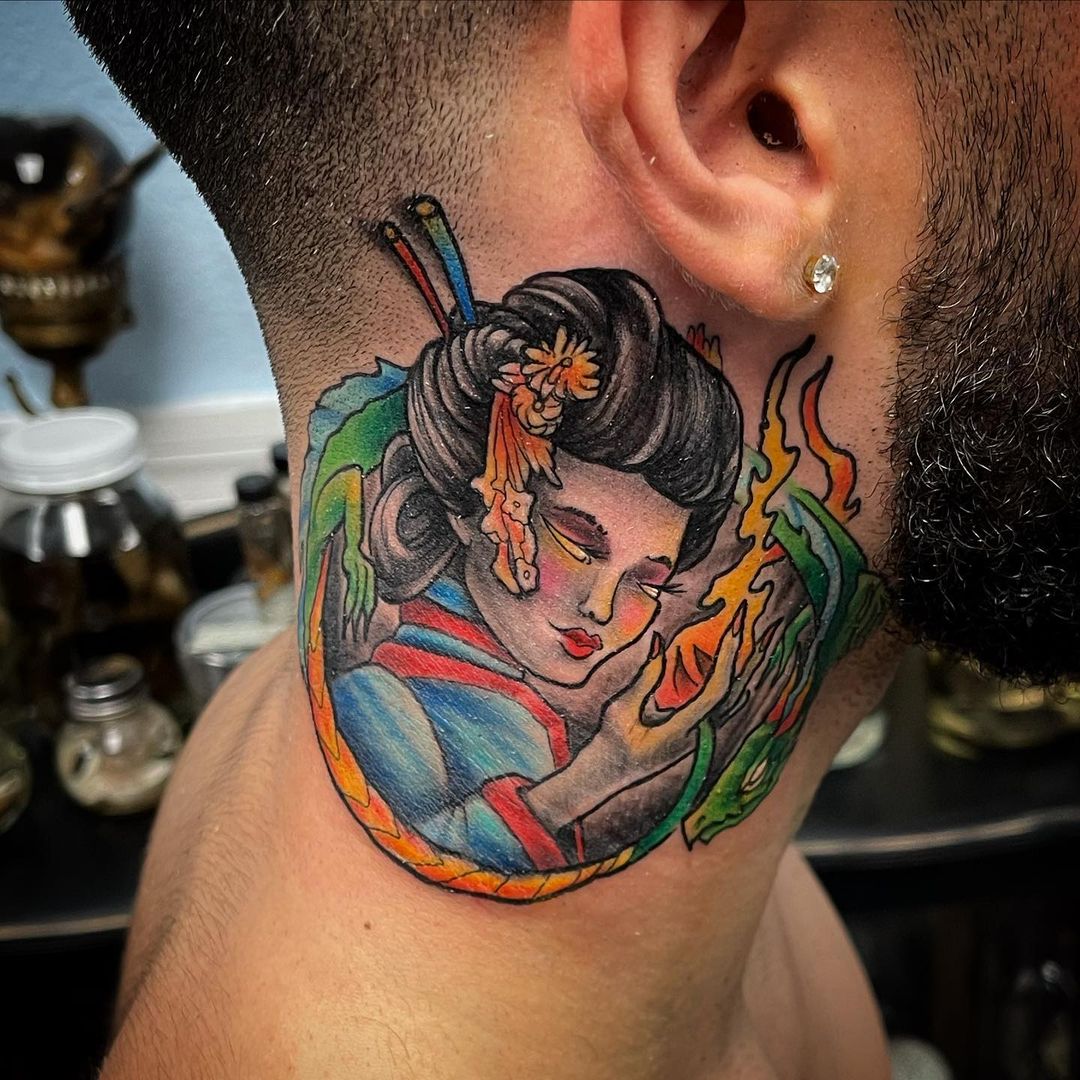 This gorgeous geisha tattoo on your neck will make you look like a true explorer and someone who appreciates every culture.