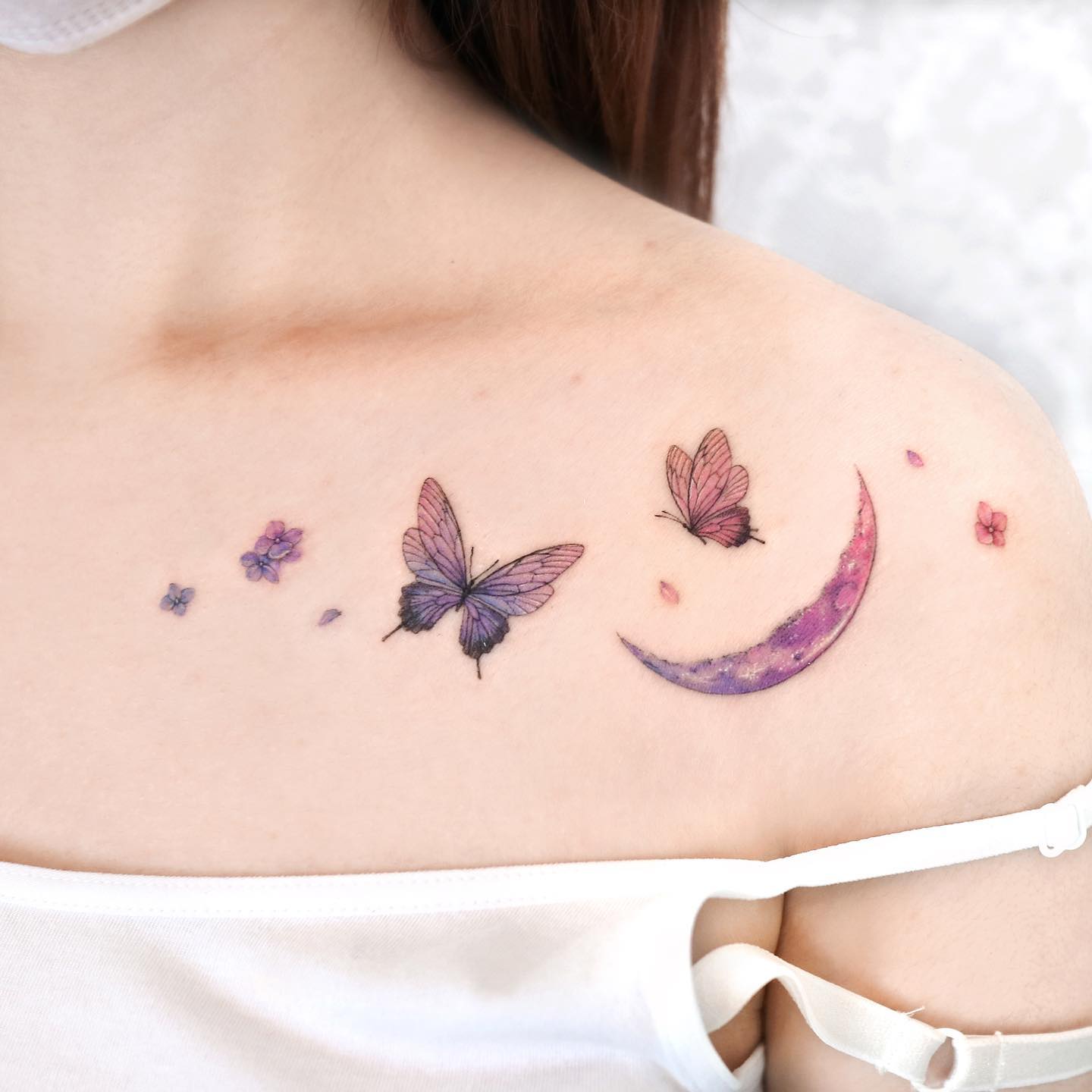 Colorful Butterflies Tattoo On Girl Collar Bone