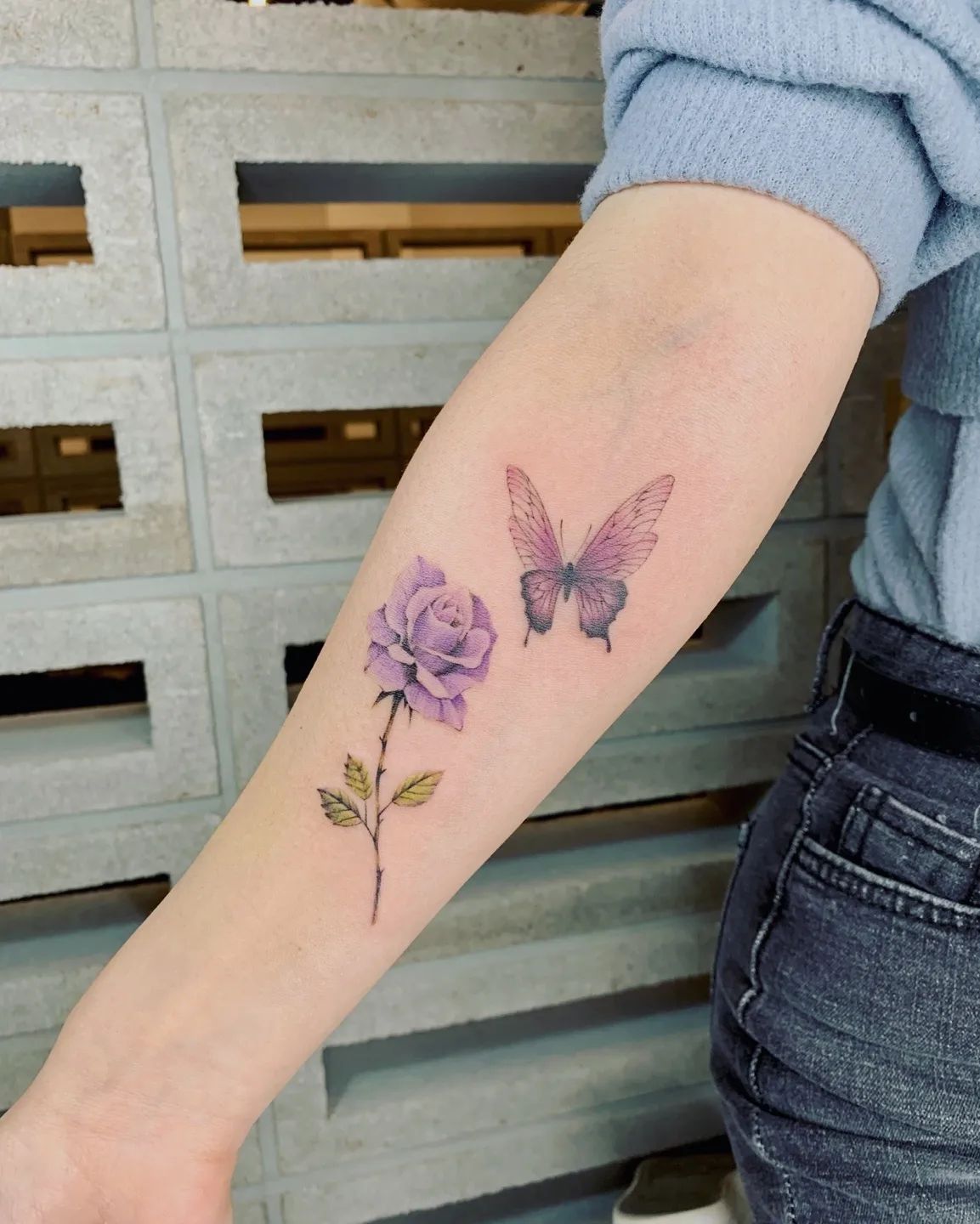 Light Purple Butterfly Tattoo With Rose