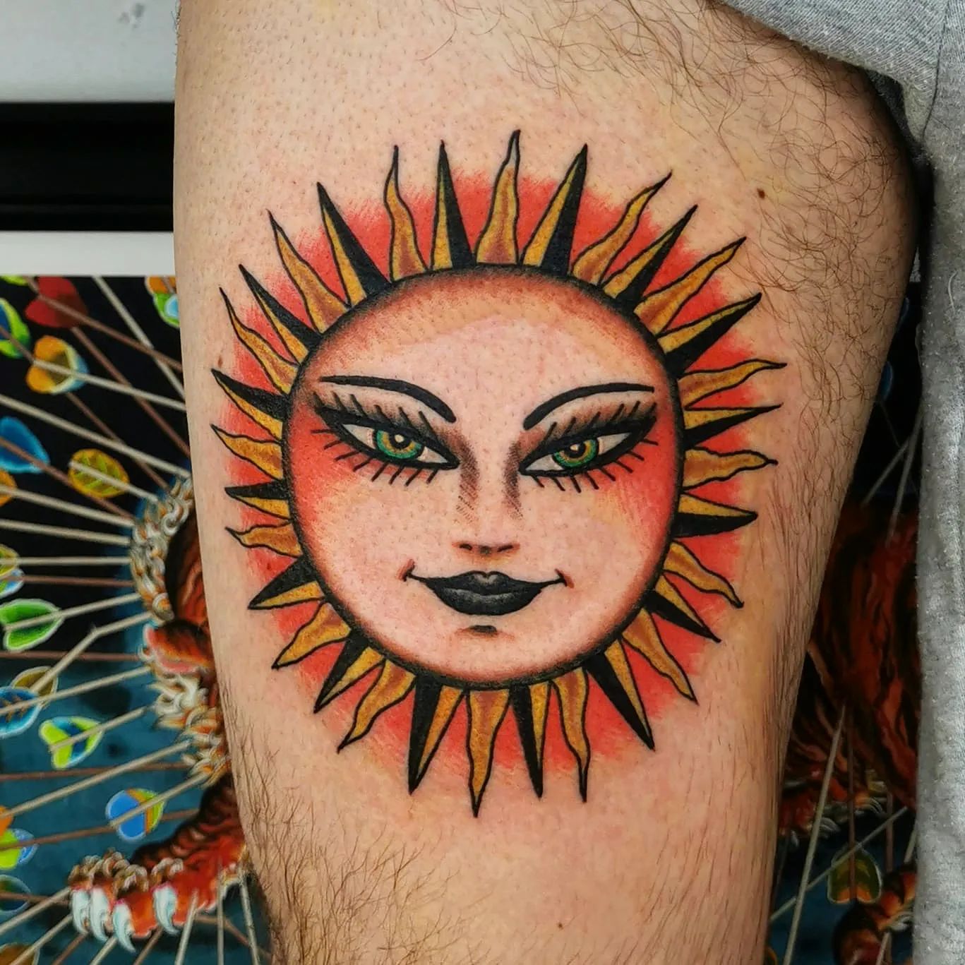 Premium Vector  Sun face tattoo with rays vector mystical illustration in  vintage style on background with grunge textures