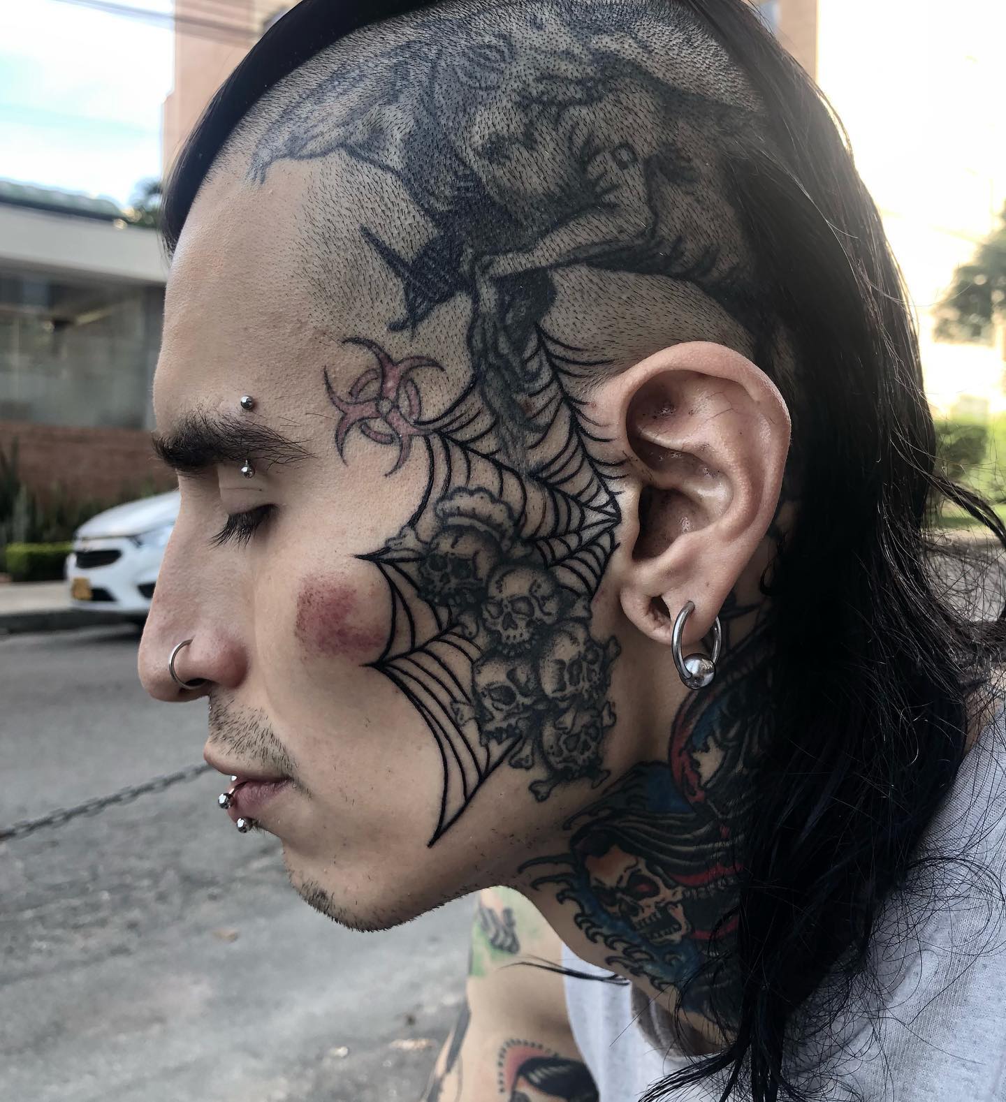This giant tattoo will take quite some time to get. Guys who don’t mind visible tattoos and those who can rock something as big and bold will like this face tattoo.