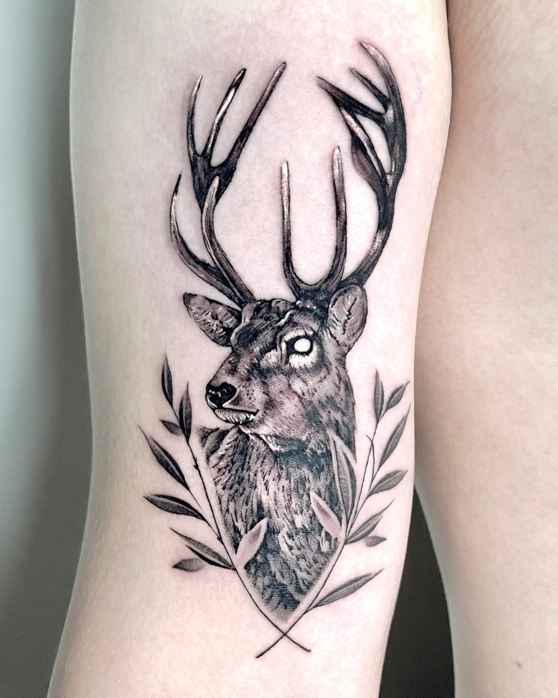 Deers are amazing animals with their amazing horns. Getting a tattoo of this animal will help you show your love to everyone. Plus, two leaves covering it will take your tattoo to a different level.