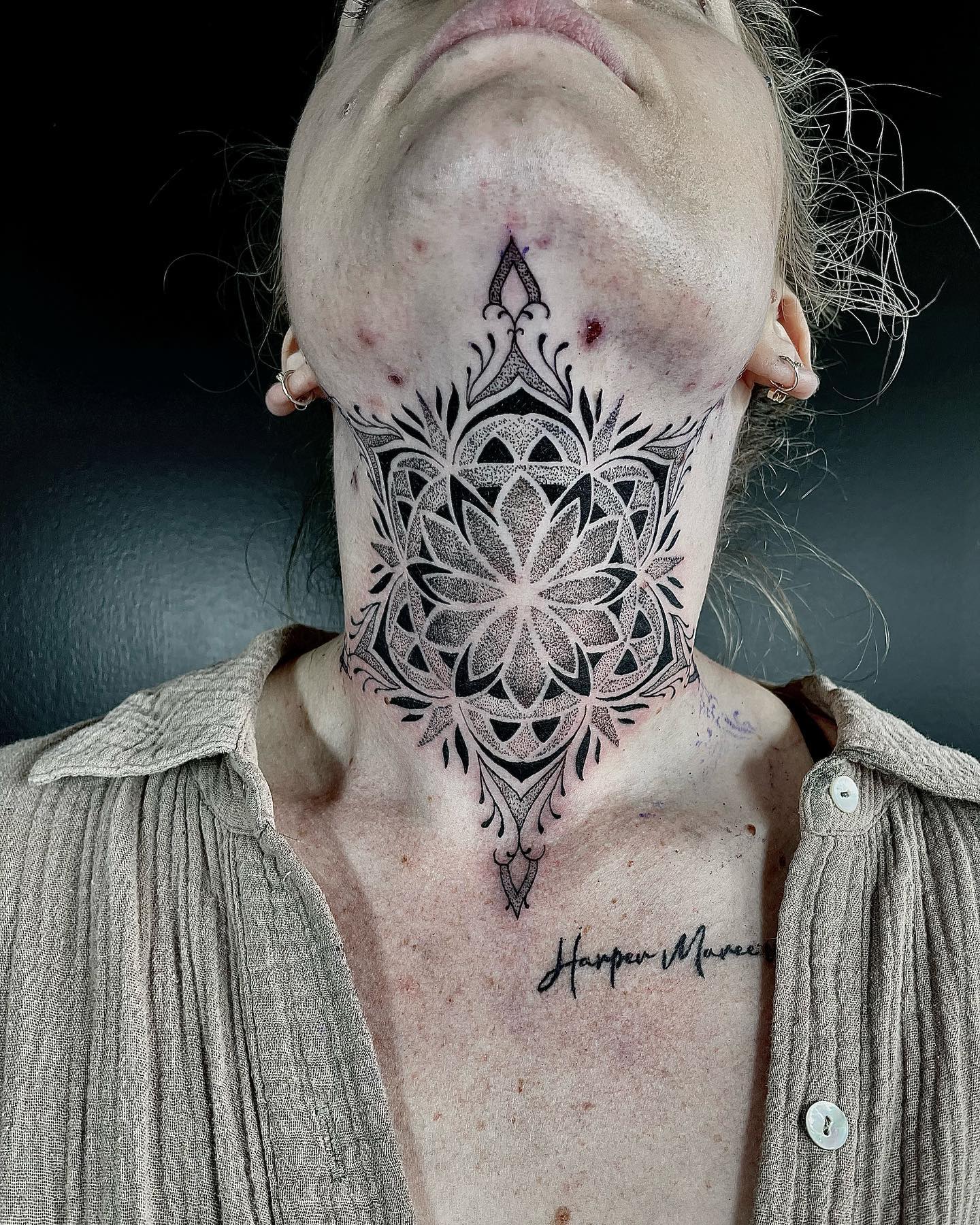 Another fabulous and meticulously inked mandala tattoo with amazing dotwork for you. In Buddhism, mandalas symbolize the balance of body and mind. So, if you want to get a nicely done pure art on your throat, you can go to a competent tattooist to get this tattoo.