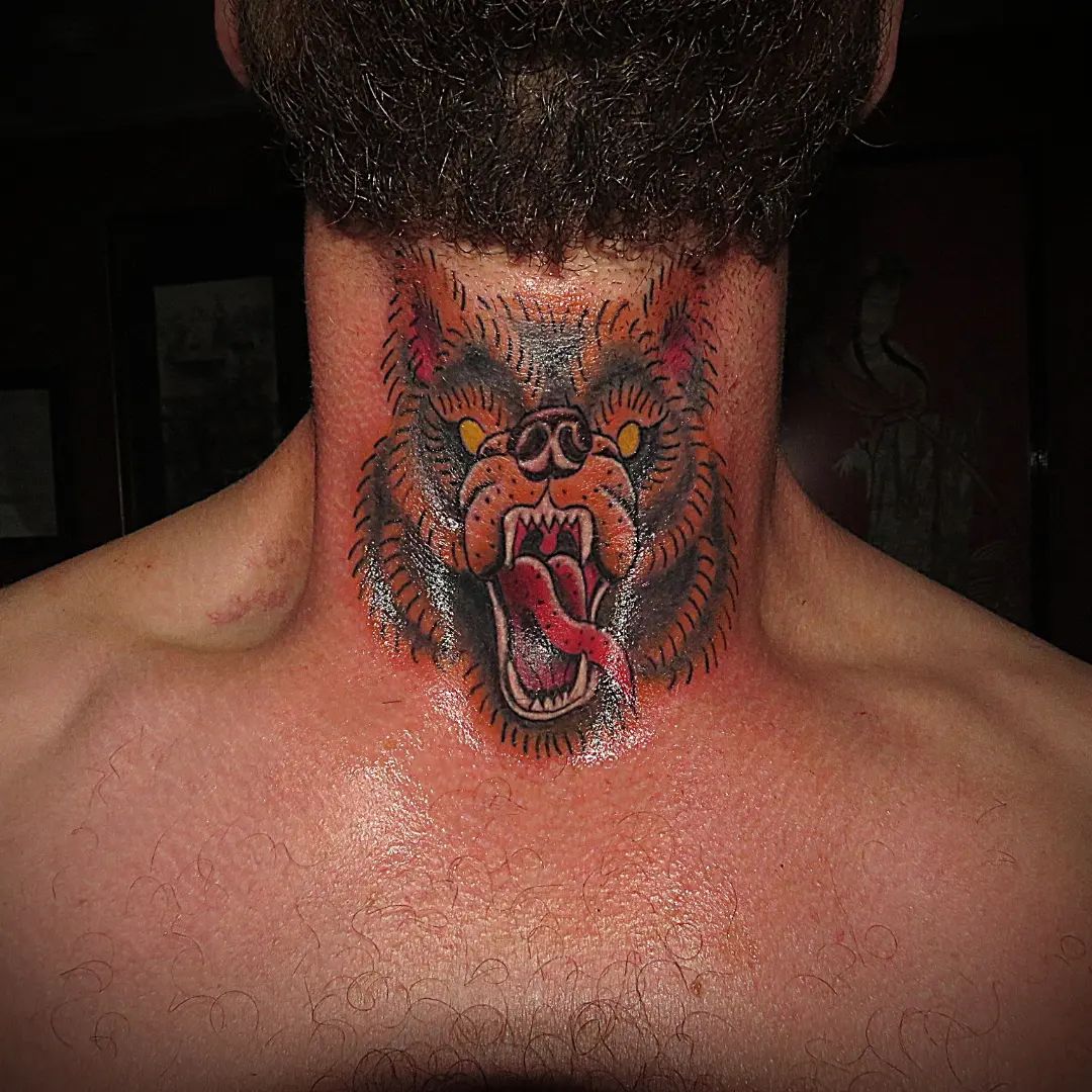 Being a symbol of strength and courage, bear tattoo is for the ones who live boldly. Along with this nicely chosen color pack, this savage-looking bear will stand out on your throat. So do not hesitate to get this tattoo.