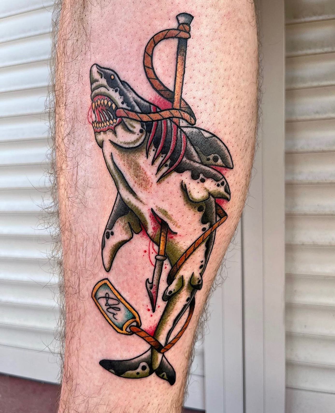 Old School Anchor Shark Thigh Tattoo by Mitch Allenden