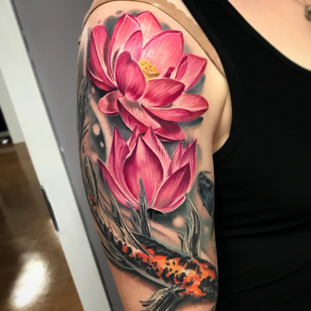 A realistic pink lily tattoo is one that's been created in such a way that it looks like it was just picked from the ground and put on your arm. The lines are clean and the shading is done with perfection.