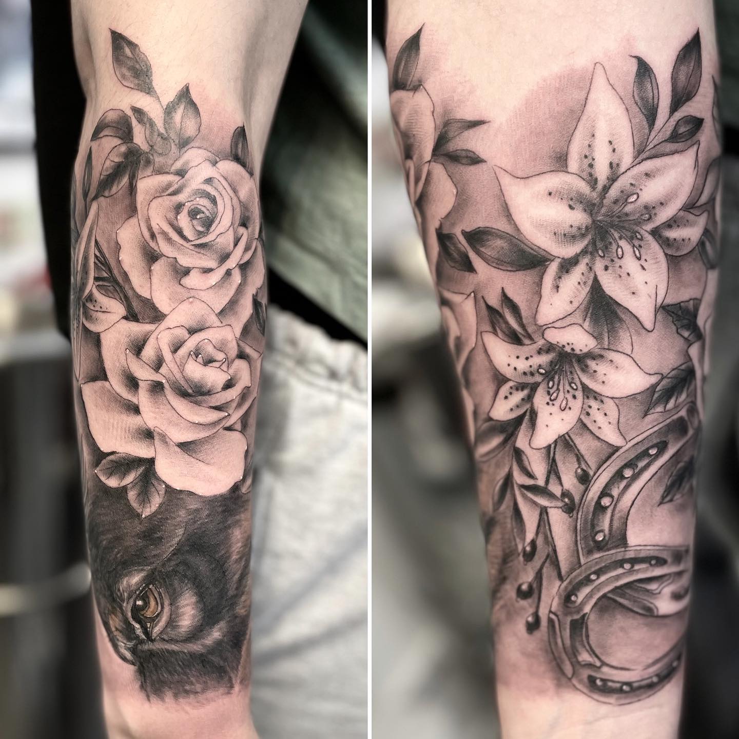 Lily tattoos are colorful most of the time but why not using black ink to create a contrast? To show this contrast, let's cover your lower arm with black lilies with roses. It looks pretty cool!