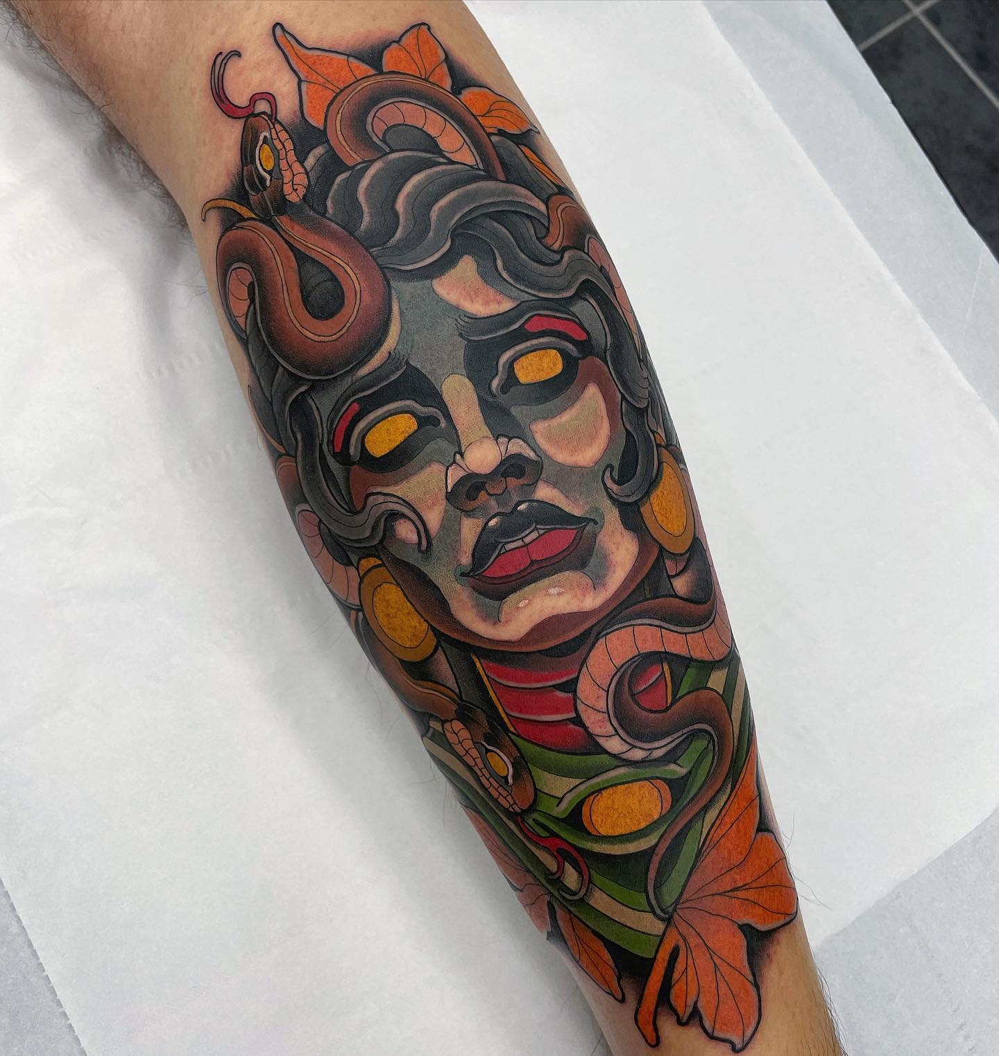 Being one of the traditional tattoos of Medusa, the one above is totally a different version of savage Medusa. The color palette and the saturation are quite amazing. Give a shot to this abstract-looking Medusa.
