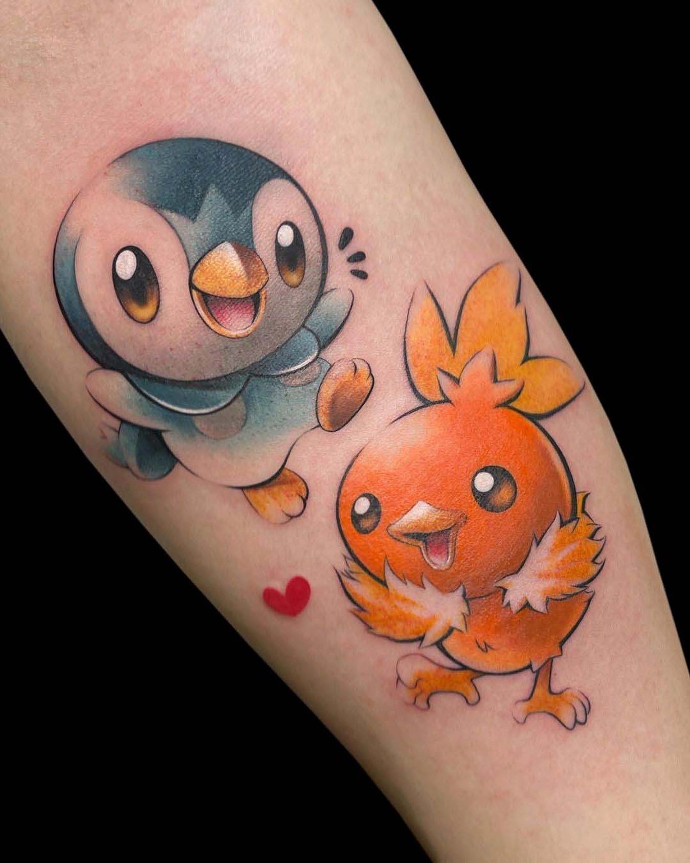 This cute pair is definitely a great choice if you want to have a Pokemon tattoo that rocks! Piplup and Torchic will warm your heart for sure. The little heart symbol between them symbolizes their cuteness, too.