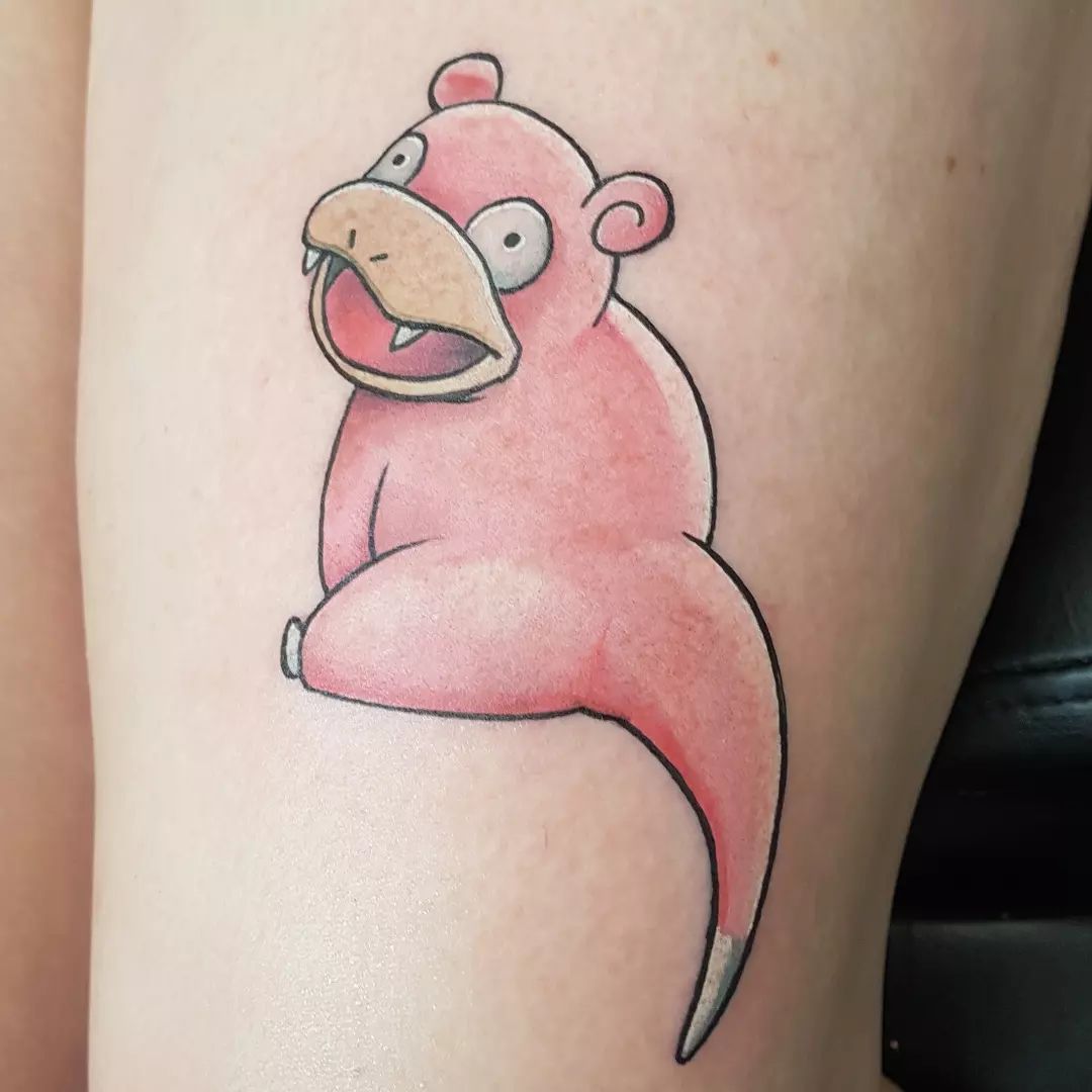 Slowpoke is a water-type Pokemon that is super-cute. Slowpoke's tail has a Shellder clamped to it, which causes it to talk slowly. Let's get a tattoo of this pinky animal to shine!
