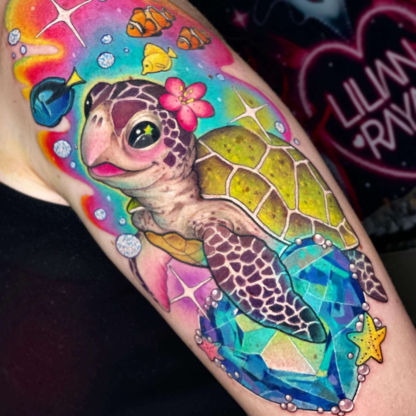 Crystals, flowers and pink color are ready to ornament your beautiful sea turtle tattoo. Little pink flower that is placed on its head is a cute detail, too. Why don't you get a tattoo like this?