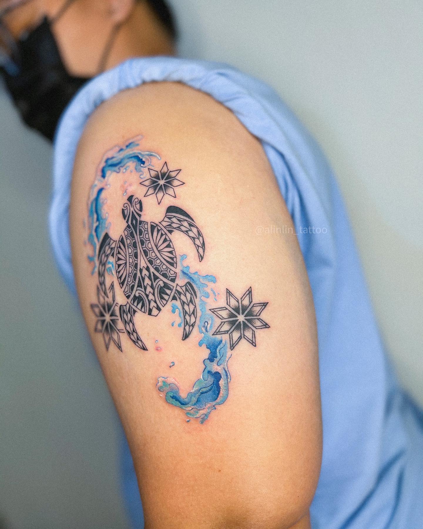 It's amazing to see how you a tattoo artist has managed to bring together the sacred, spiritual symbolism of the sea turtle and the esoteric art style. This tattoo is perfect for anyone who is looking for a piece that will be meaningful without being too obvious.