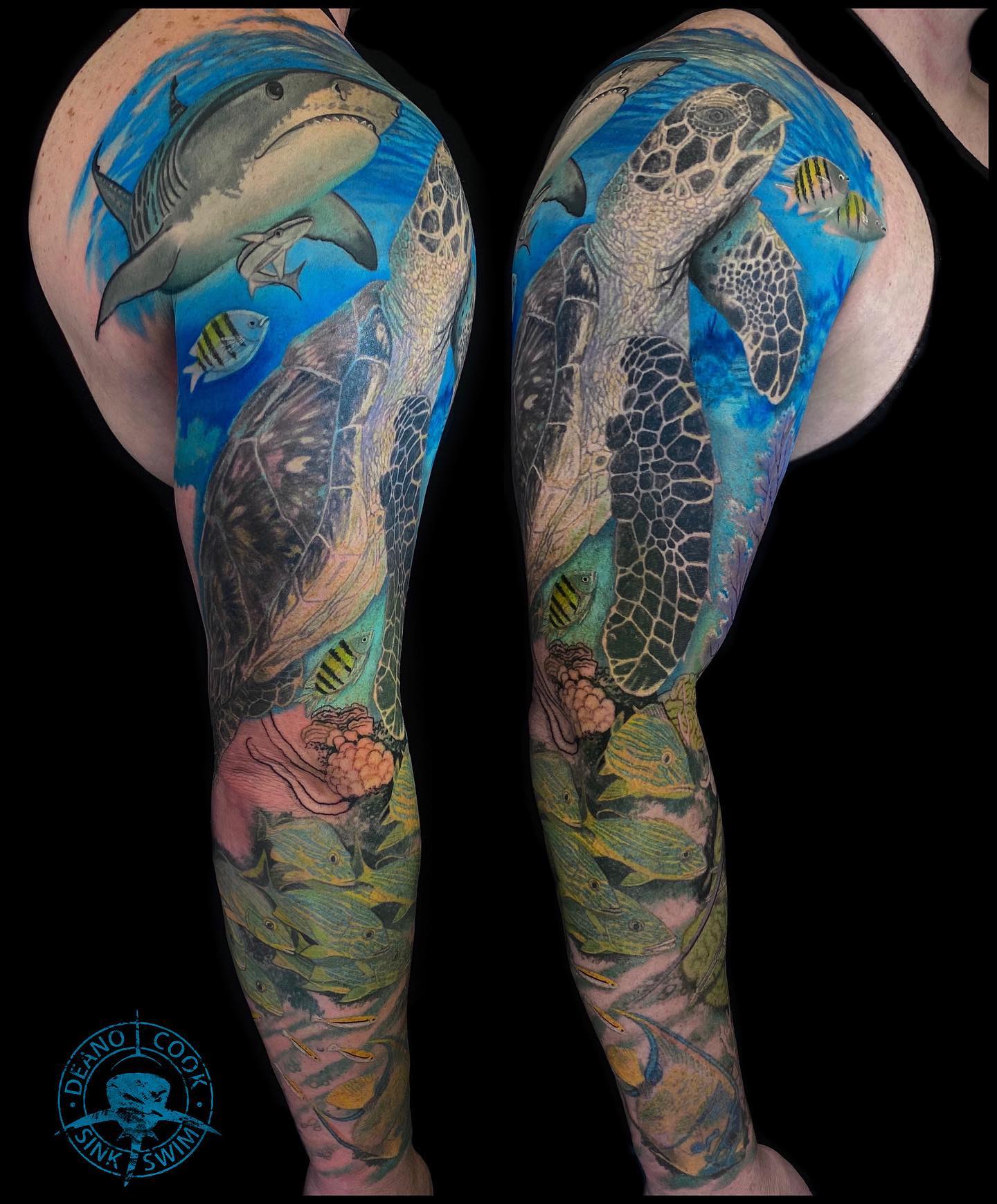 If you love sea turtles, then why not have them on your skin? But if you're looking for a way to cover up the tattoo, I think this is a great idea. Just make sure that the fish and shark aren't too big. You don't want them to take over!