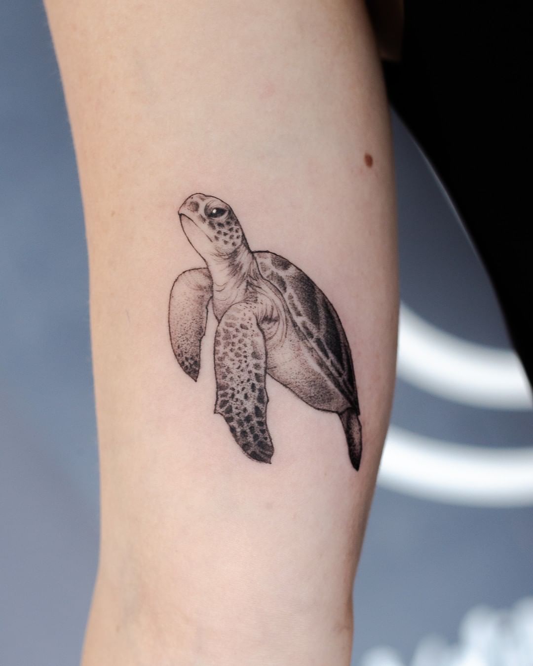 Blackwork turtle tattoos are so cool! The way the turtle is looking slightly away from the viewer, like it's in deep thought or lost in its own world is quite amazing. You should go and get it.