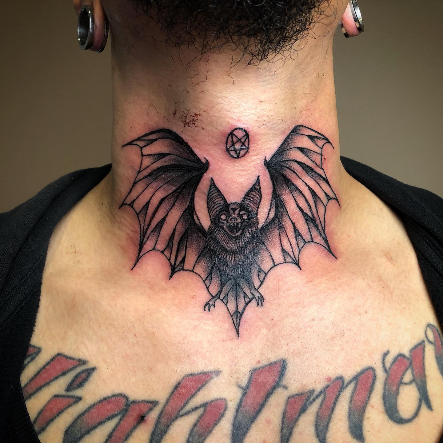 Badass Bat on Neck Tattoo Idea