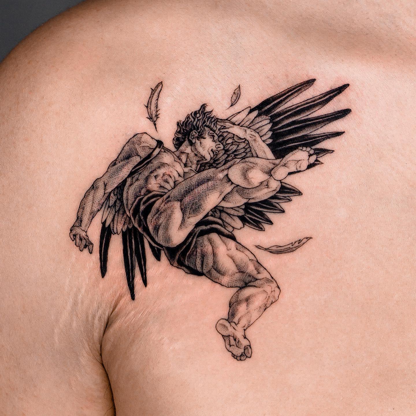 Black and Grey Icarus Falling Tattoo Idea  BlackInk