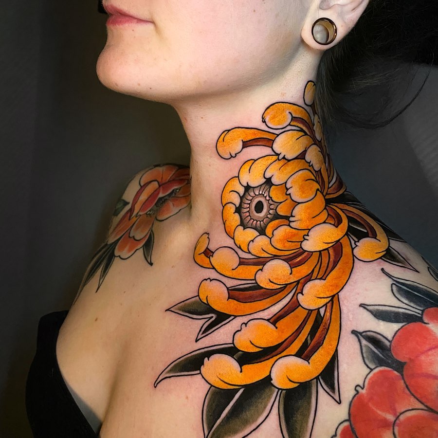 My throat chrysanthemum Artist Chad Wilson at Red loon tattoo Edmonton  Alberta Canada  rtattoos