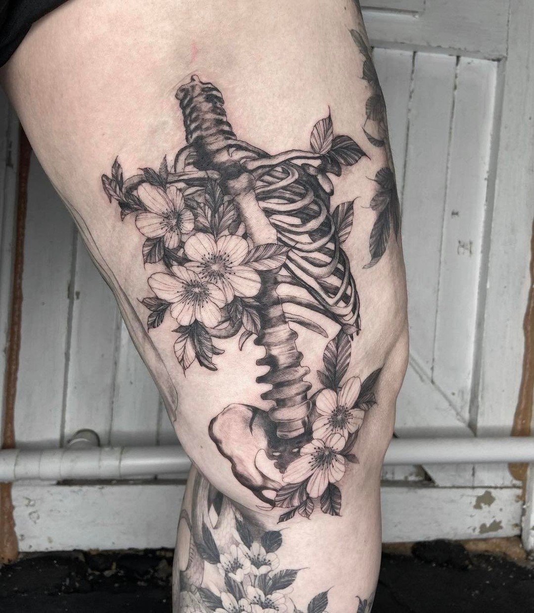 Leg Flower Tiger Thigh Tattoo by Dave Wah