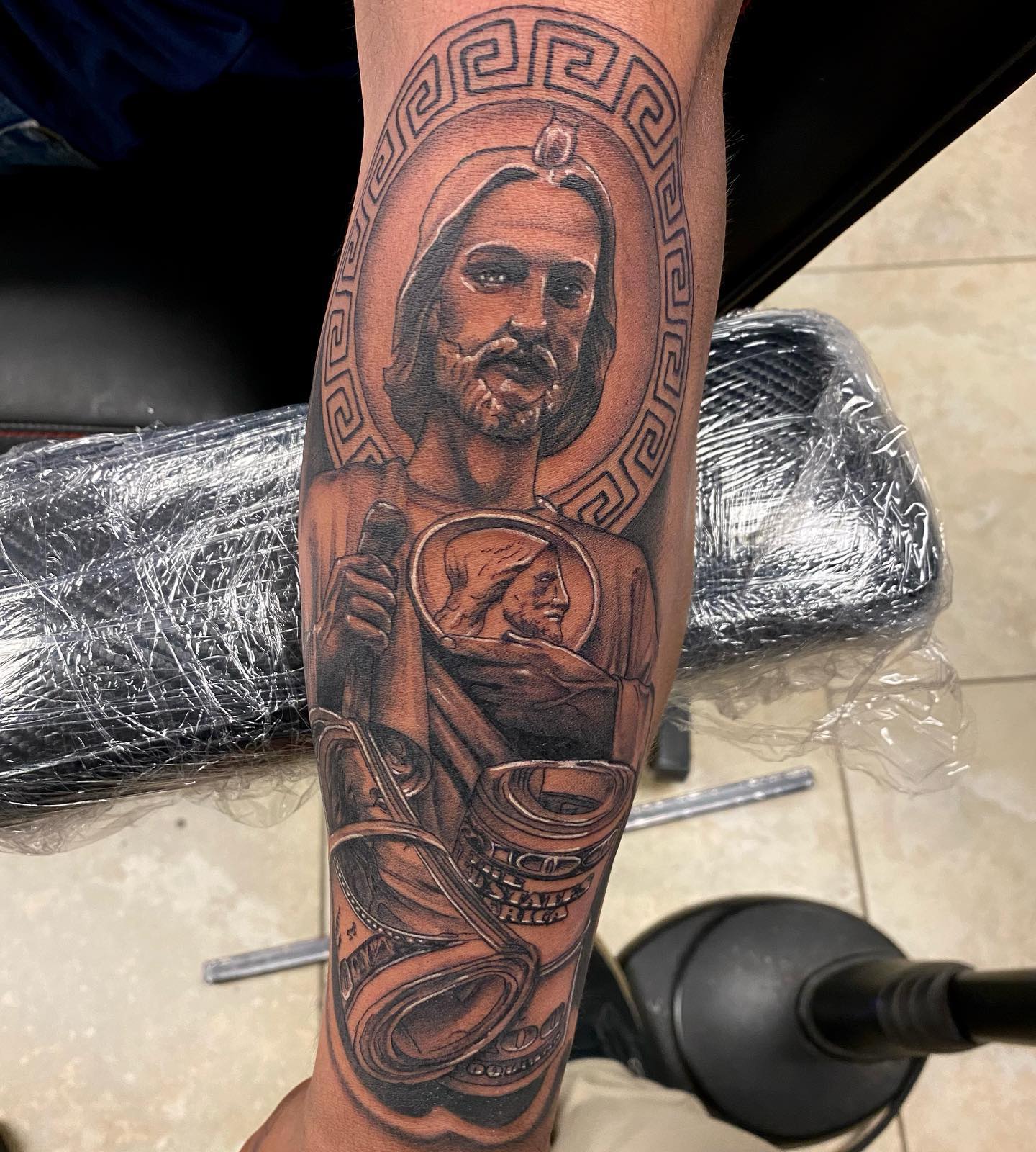 San Judas to finish off his sleeve  Text 6262576943 for appointments  sanjudas sanjudastattoo tattoo tattoos westcovina covina   Instagram