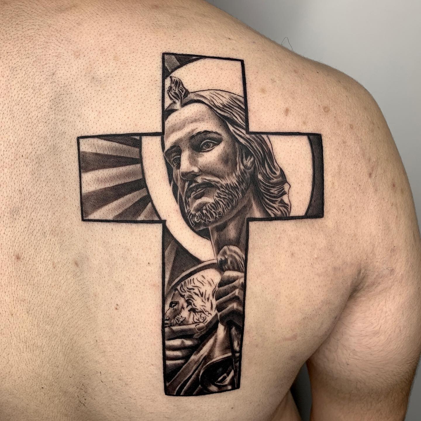 Saint Judas Tadeo Tattoo On The Forearm In Black And Gray  Starry Eyed  Tattoos and Body Art Studio