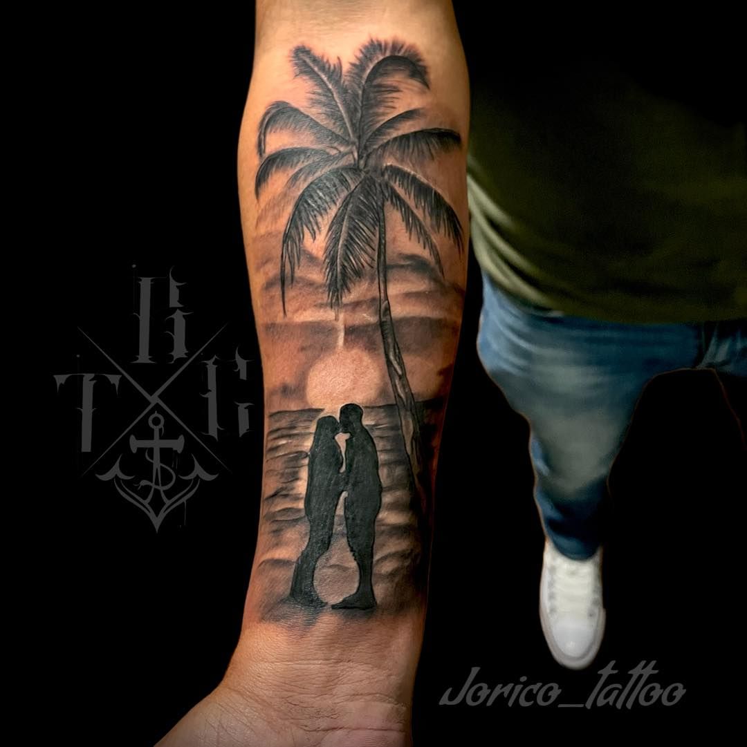 Fine line anchor palm tree seashell and wave tattoo